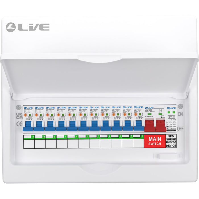 LIVE Electrical LSMC14SRN/100 14 Way Metal Populated SRN Consumer Unit with 100A Main Switch, 20/40kA SPD & 11 RNC DP RCBOs - westbasedirect.com