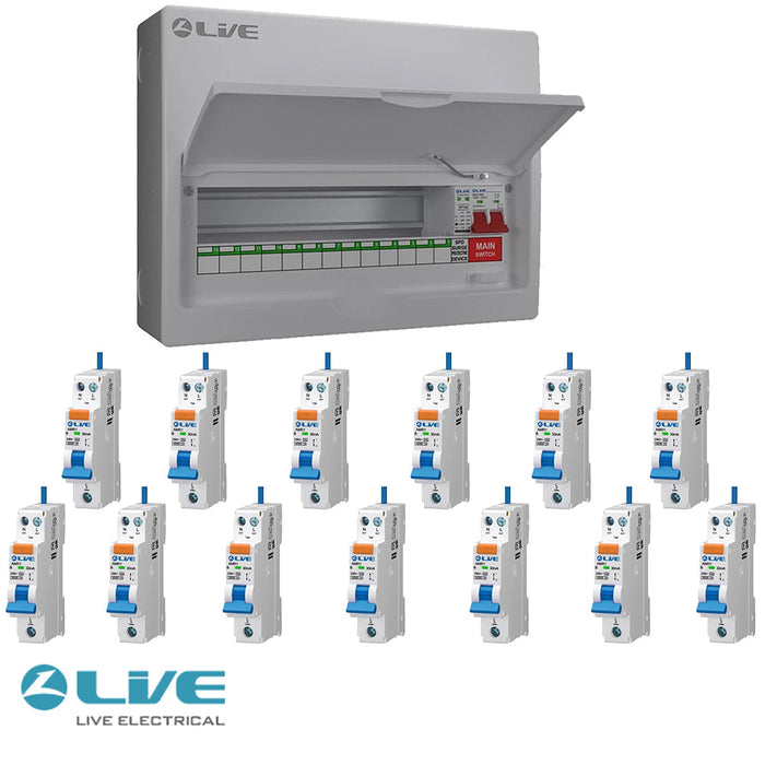 LIVE Electrical LSMC16M-SP 13 Usable Way 20/40kA T2 SPD Metal Consumer Unit & 13 AMR Type A Bi-Directional RCBOs