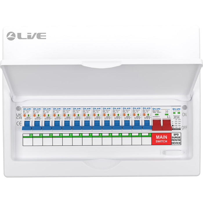 LIVE Electrical LSMC16SRN/100 16 Way Metal Populated SRN Consumer Unit with 100A Main Switch, 20/40kA SPD & 13 RNC DP RCBOs - westbasedirect.com
