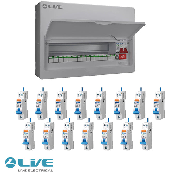 LIVE Electrical LSMC18M-SP 15 Usable Way 20/40kA T2 SPD Metal Consumer Unit & 15 AMR Type A Bi-Directional RCBOs