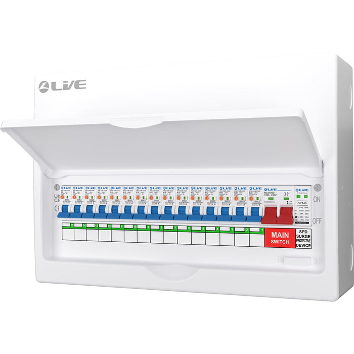 LIVE Electrical LSMC18SRN/100 18 Way Metal Populated SRN Consumer Unit with 100A Main Switch, 20/40kA SPD & 15 RNC DP RCBOs - westbasedirect.com