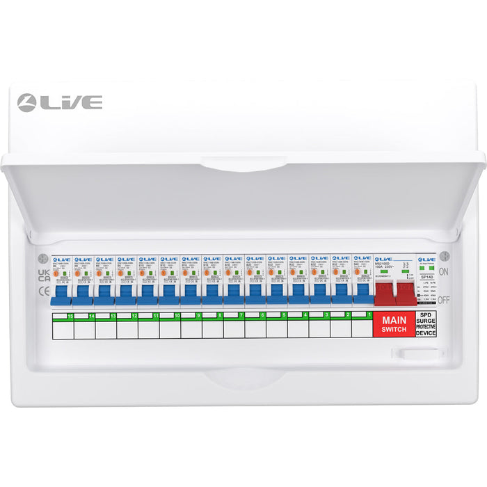 LIVE Electrical LSMC18SRN/100 18 Way Metal Populated SRN Consumer Unit with 100A Main Switch, 20/40kA SPD & 15 RNC DP RCBOs - westbasedirect.com