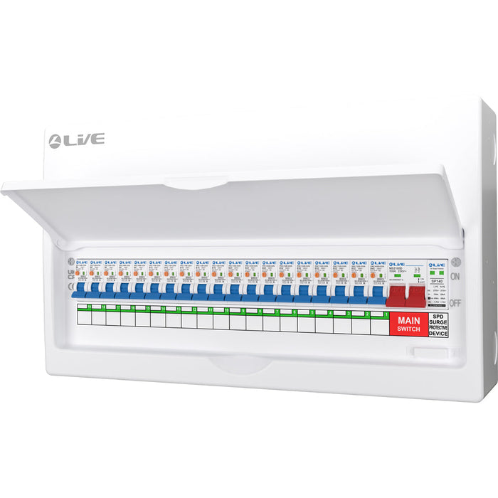 LIVE Electrical LSMC22SRN/100 22 Way Metal Populated SRN Consumer Unit with 100A Main Switch, 20/40kA SPD & 19 RNC DP RCBOs - westbasedirect.com