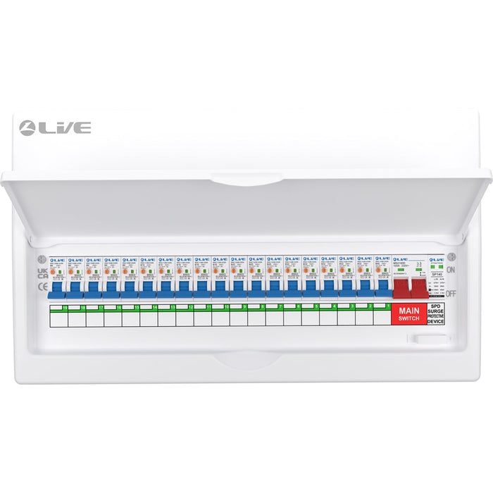 LIVE Electrical LSMC22SRN/100 22 Way Metal Populated SRN Consumer Unit with 100A Main Switch, 20/40kA SPD & 19 RNC DP RCBOs - westbasedirect.com