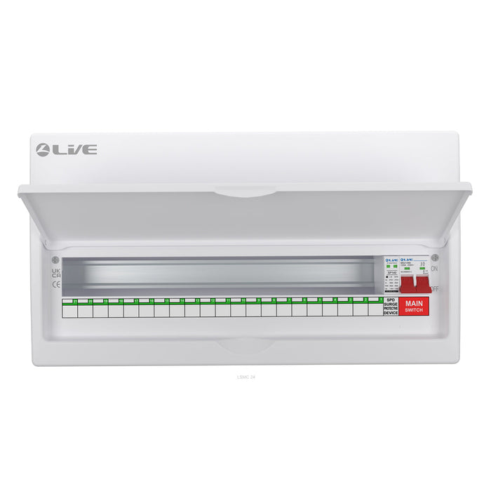 LIVE Electrical LSMC24M-SP 24 Module Metal Clad Consumer Unit c/w 125A Main Switch +20/40kA SPD (21 Usable Way) - westbasedirect.com
