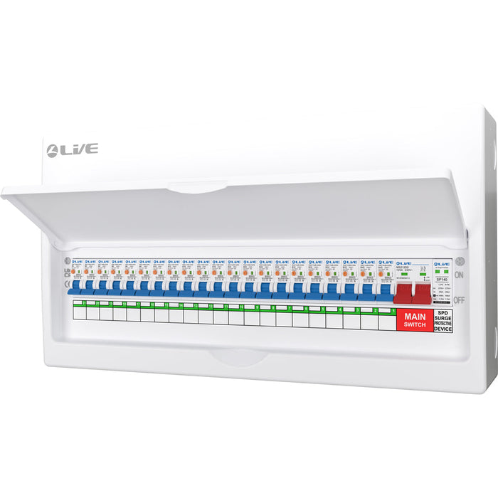LIVE Electrical LSMC24SRN/125 24 Way Metal Populated SRN Consumer Unit with 125A Main Switch, 20/40kA SPD & 21 RNC DP RCBOs - westbasedirect.com