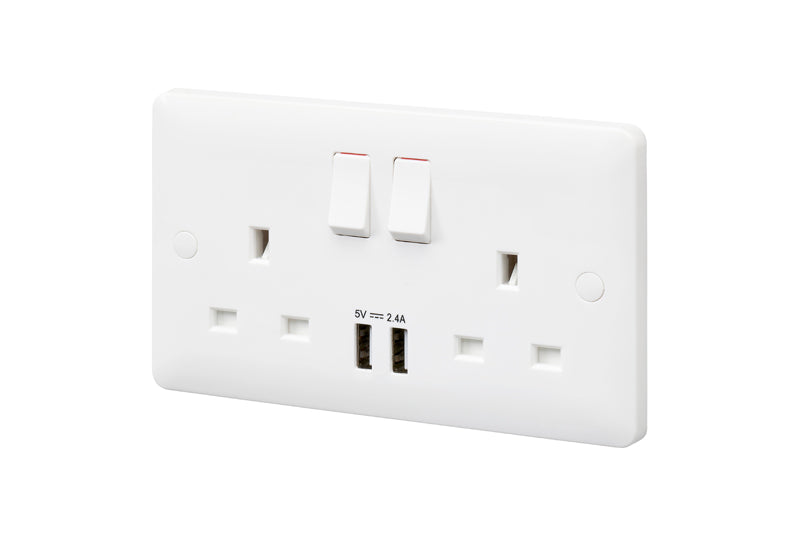 MK Base MB24345WHI White Moulded 13A 2G SP Switched Socket + 2xUSB 2.4A - westbasedirect.com