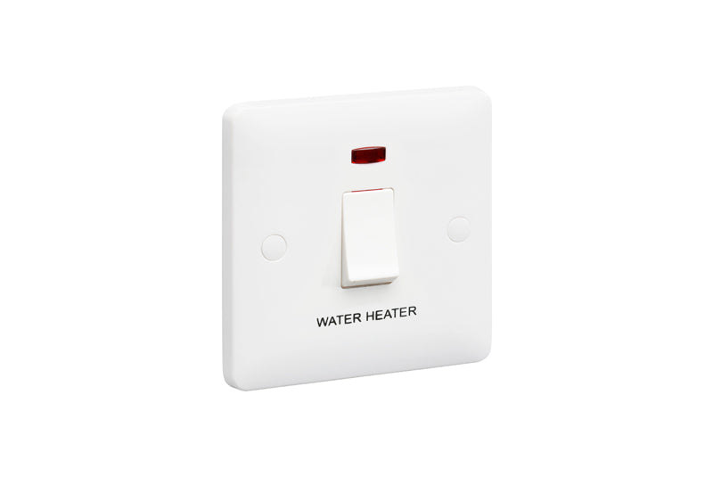 MK Base MB8423WHWHI White Moulded 20AX 1G DP Switch + Neon marked Water Heater - westbasedirect.com