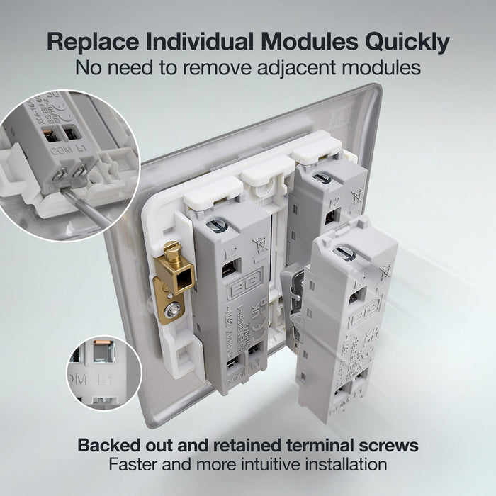 BG GridLite MBS12 20A 16AX SP 2-Way Switch Module - Brushed Steel