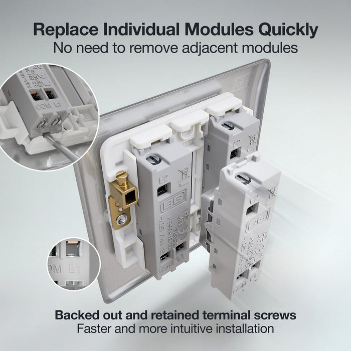 BG GridLite MBS12C 20A SP 2-Way (Centre Off) Switch Module - Brushed Steel