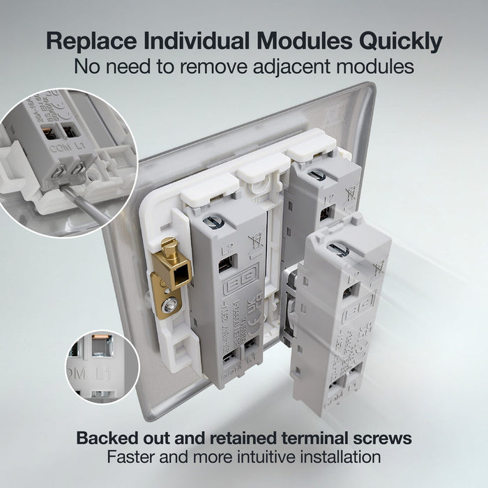 BG GridLite MBS12EL 20A 16AX SP 2-Way Key Switch Module "EMG LTG TEST" - Brushed Steel