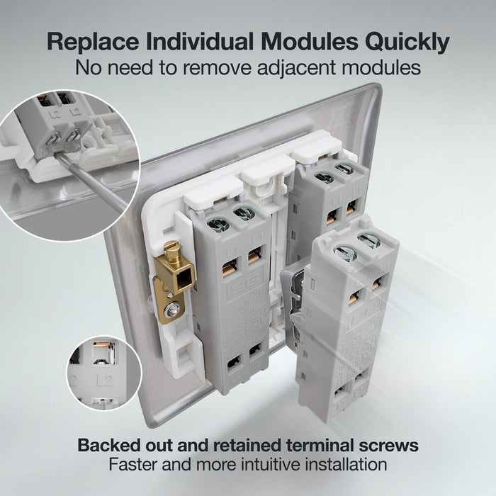 BG GridLite MBS13 20A 16AX 2-Way Intermediate Switch Module - Brushed Steel