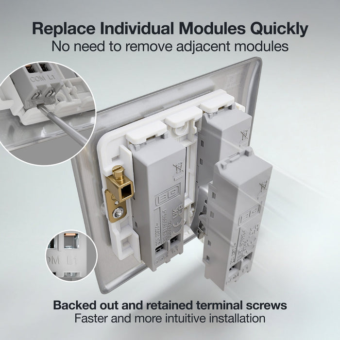 BG GridLite MBS14PR 20A 1-Way Retractive Switch Module "PRESS" - Brushed Steel