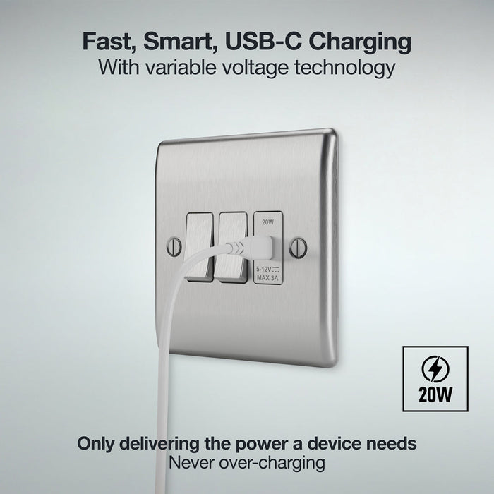 BG GridLite MBSUSBC20G 20W USB-C Module - Brushed Steel