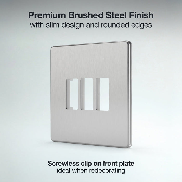 BG GridLite MFBS3 Flatplate Screwless 3G Grid Front Plate - Brushed Steel