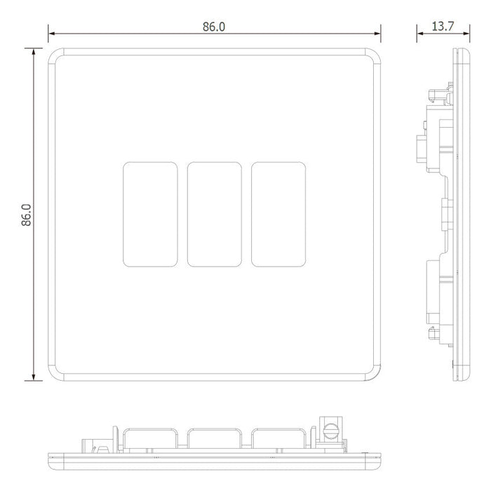 BG GridLite MFBS3 Flatplate Screwless 3G Grid Front Plate - Brushed Steel