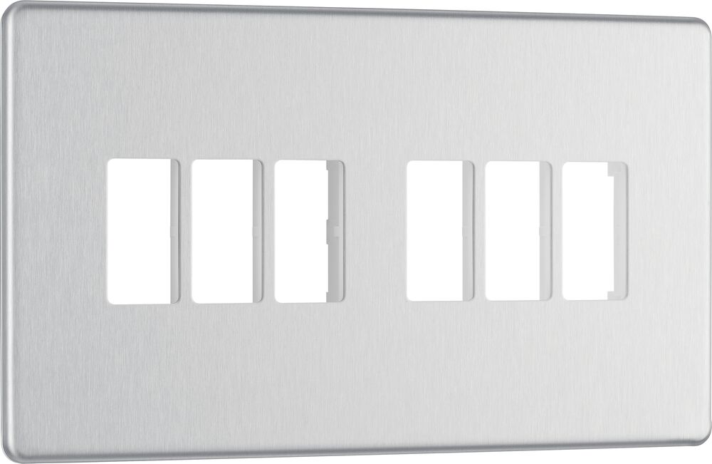 BG GridLite MFBS6 Flatplate Screwless 6G Grid Front Plate - Brushed Steel