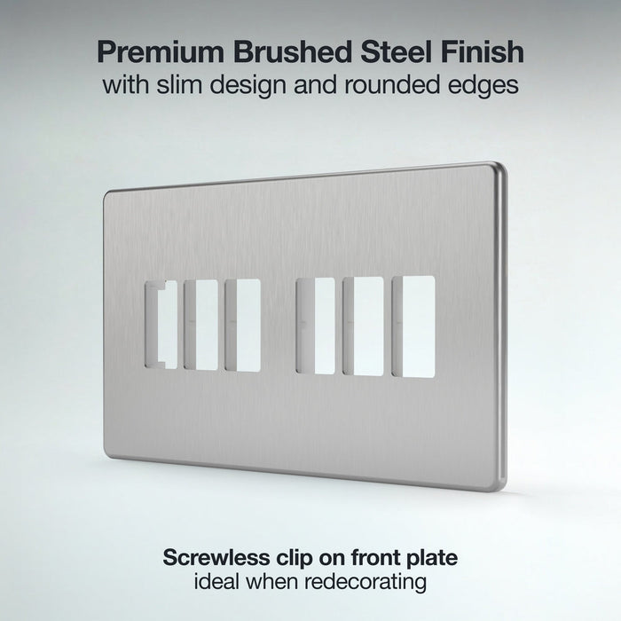 BG GridLite MFBS6 Flatplate Screwless 6G Grid Front Plate - Brushed Steel