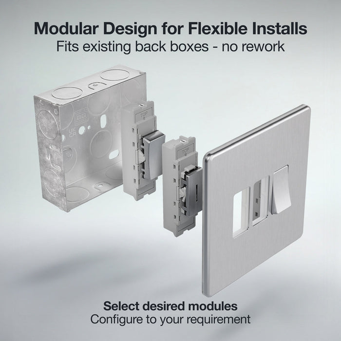BG GridLite MFBS6 Flatplate Screwless 6G Grid Front Plate - Brushed Steel