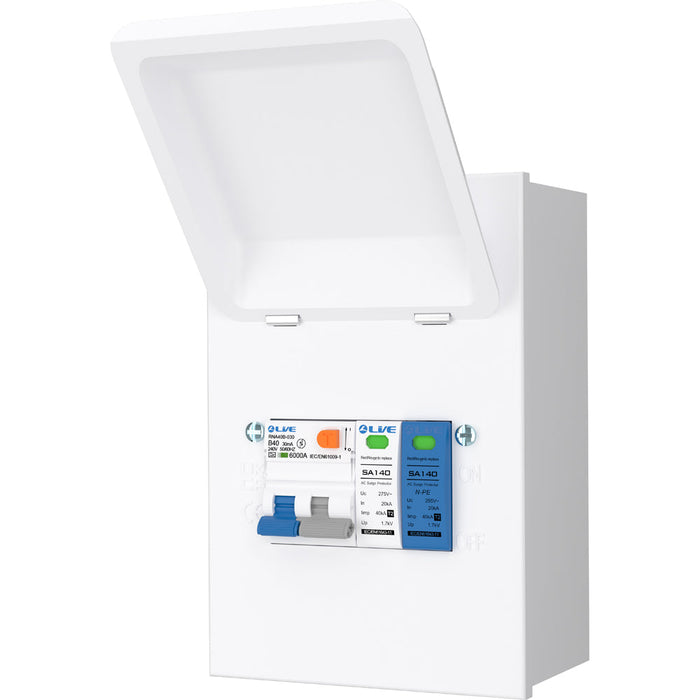 LIVE Electrical MGU40B-SP 4 Way IP40 Metal EV Charging Unit with 40A Type A DP RCBO B Curve & 20/40kA 1P+N Surge Protective Device