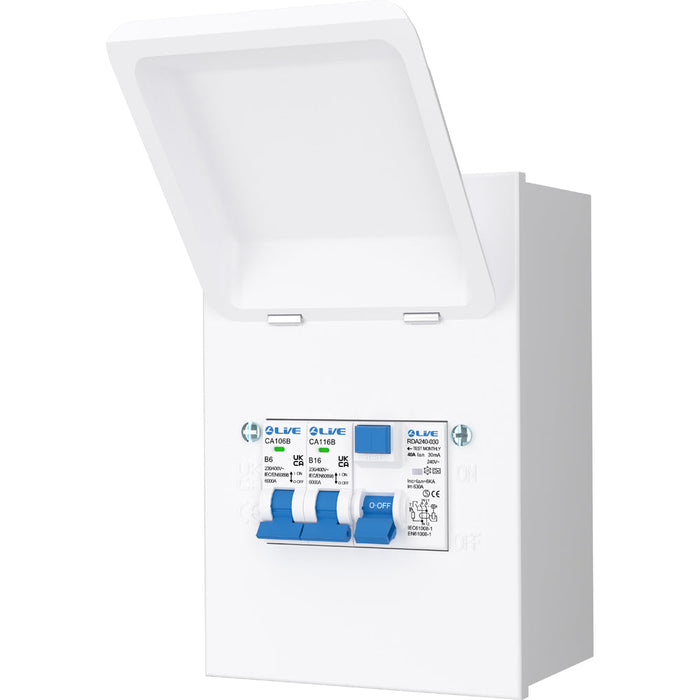 LIVE Electrical MMGU40616 4 Way IP40 Metal Mini Garage Unit with 40A 30mA Type A RCD, B6A/B16A MCB
