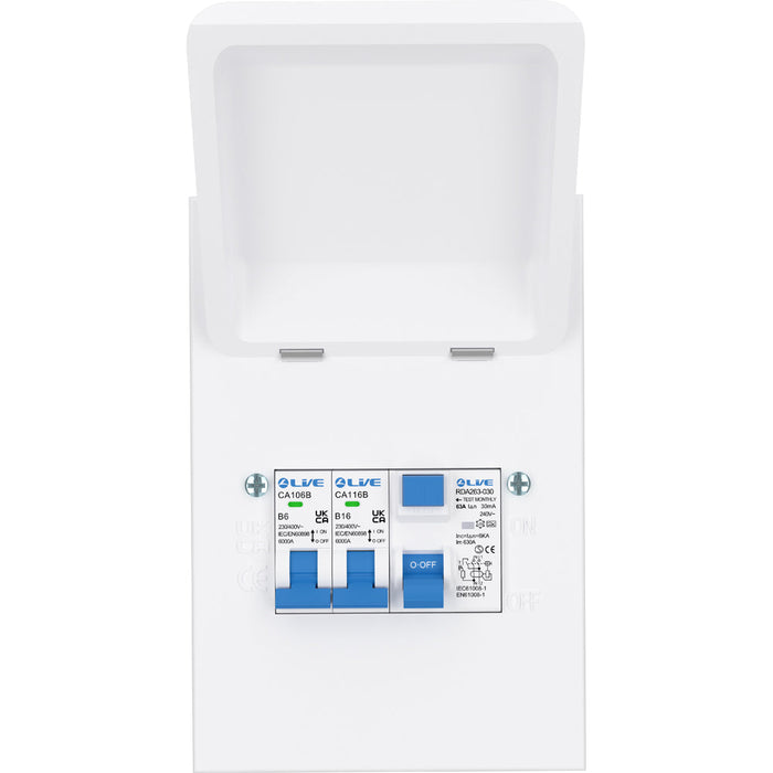 LIVE Electrical MMGU63616 4 Way IP40 Metal Mini Garage Unit with 63A 30mA Type A RCD, B6A/B16A MCB
