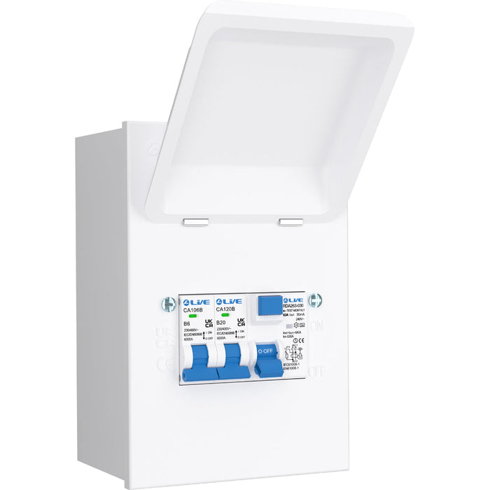 LIVE Electrical MMGU63620 4 Way IP40 Metal Mini Garage Unit with 63A 30mA Type A RCD, B6A/B20A MCB