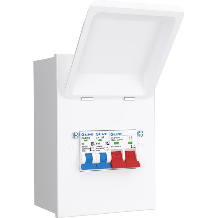LIVE Electrical MMGUMS632 4 Way IP40 Metal Mini Garage Unit with 100A Main Switch, B6A/B32A MCB