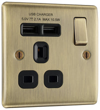 BG NAB21U2B Nexus Metal Single Socket + 2x USB /Black Insert - Antique Brass