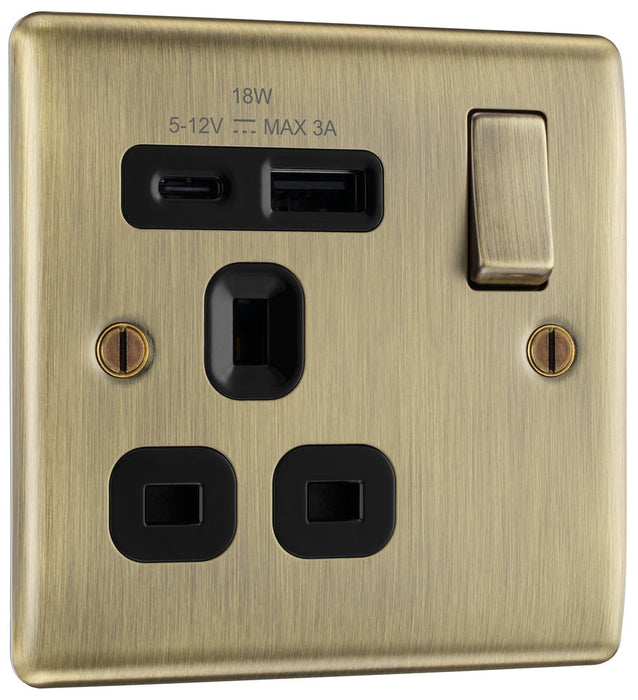 BG NAB21UAC18B Nexus Metal 13A Single Switched Power Socket + USB A+C (18W) - Antique Brass + Black Insert