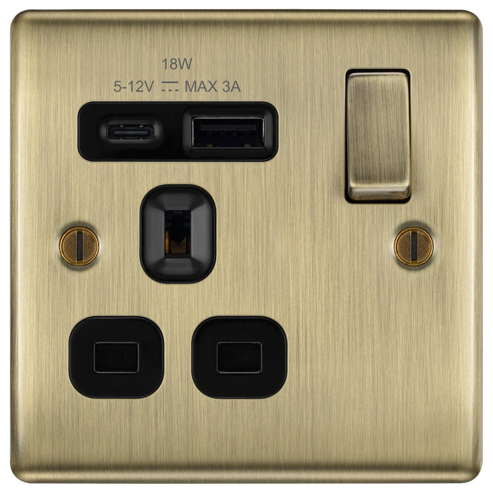 BG NAB21UAC18B Nexus Metal 13A Single Switched Power Socket + USB A+C (18W) - Antique Brass + Black Insert