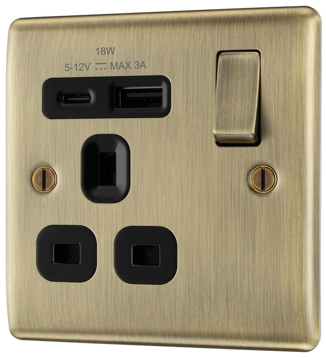 BG NAB21UAC18B Nexus Metal 13A Single Switched Power Socket + USB A+C (18W) - Antique Brass + Black Insert