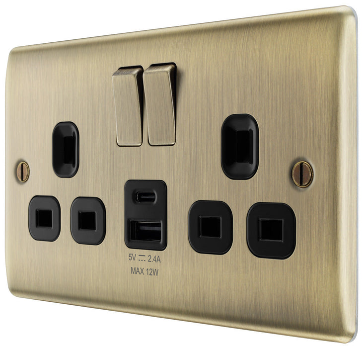 BG NAB22UAC12B Nexus Metal 13A Double Switched Power Socket + USB A+C (12W) - Antique Brass + Black Insert - westbasedirect.com