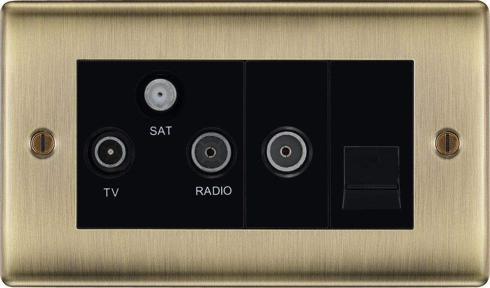 BG NAB68 Nexus Metal Triplex TV/FM/Sat Socket + Return & Tel. - Black Insert - Antique Brass - westbasedirect.com