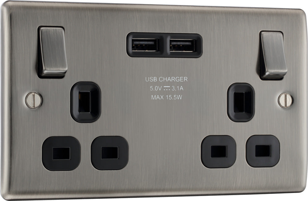 BG NBI22U3B Nexus Metal Double Socket + 2x USB /Black Insert - Brushed Iridium - westbasedirect.com