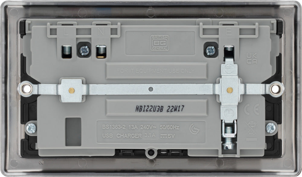 BG NBI22U3B Nexus Metal Double Socket + 2x USB /Black Insert - Brushed Iridium - westbasedirect.com