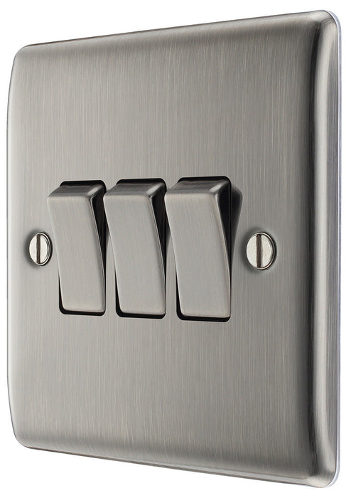 BG NBI43 Nexus Metal Triple Light Switch 10A - Brushed Iridium - westbasedirect.com