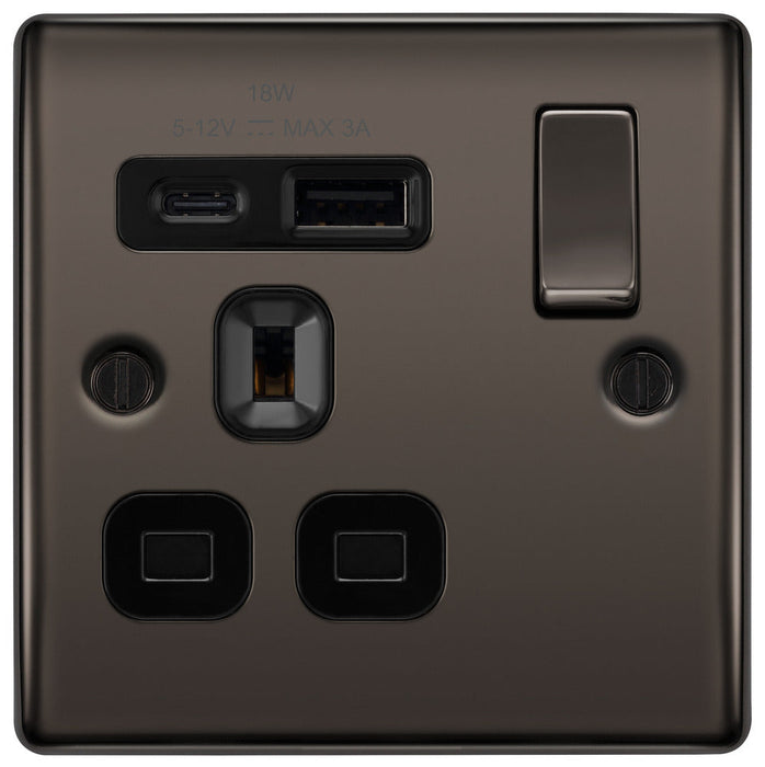 BG NBN21UAC18B Nexus Metal 13A Single Switched Power Socket + USB A+C (18W) - Black Nickel + Black Insert