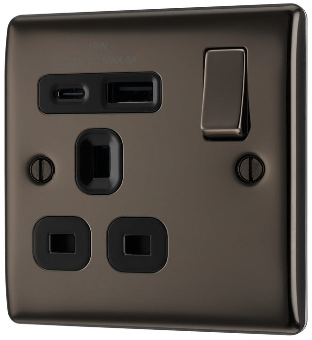 BG NBN21UAC18B Nexus Metal 13A Single Switched Power Socket + USB A+C (18W) - Black Nickel + Black Insert