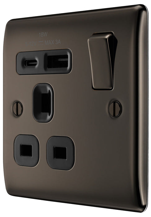 BG NBN21UAC18B Nexus Metal 13A Single Switched Power Socket + USB A+C (18W) - Black Nickel + Black Insert