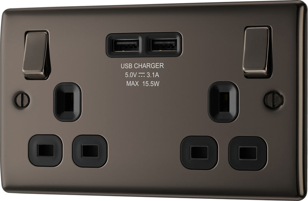 BG NBN22U3B Nexus Metal Double Socket + 2x USB - Black Insert - Black Nickel - westbasedirect.com