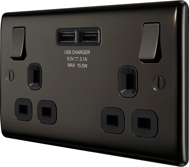 BG NBN22U3B Nexus Metal Double Socket + 2x USB(3.1A) - Black Insert - Black Nickel (5 Pack) - westbasedirect.com