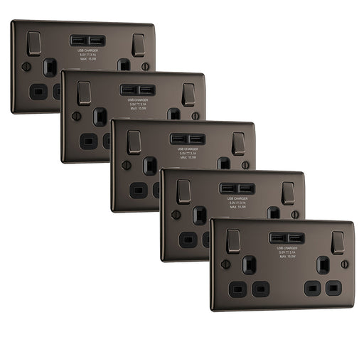 BG NBN22U3B Nexus Metal Double Socket + 2x USB(3.1A) - Black Insert - Black Nickel (5 Pack) - westbasedirect.com