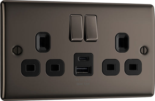 BG NBN22UAC12B Nexus Metal 13A Double Switched Power Socket + USB A+C (12W) - Black Nickel + Black Insert - westbasedirect.com