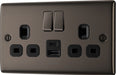 BG NBN22UAC12B Nexus Metal 13A Double Switched Power Socket + USB A+C (12W) - Black Nickel + Black Insert - westbasedirect.com