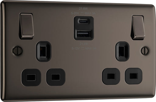 BG NBN22UAC22B Nexus Metal 13A Double Switched Power Socket + USB A+C (22W) - Black Nickel + Black Insert - westbasedirect.com