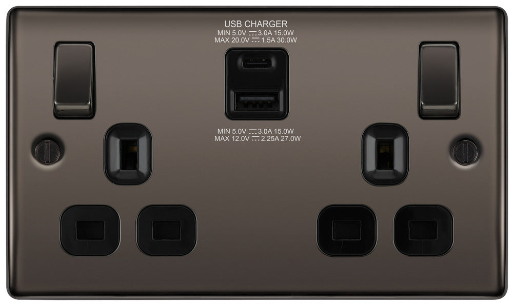 BG NBN22UAC30B Nexus Metal 13A Double Socket + USB A+C (30W) - Black Insert - Black Nickel - westbasedirect.com