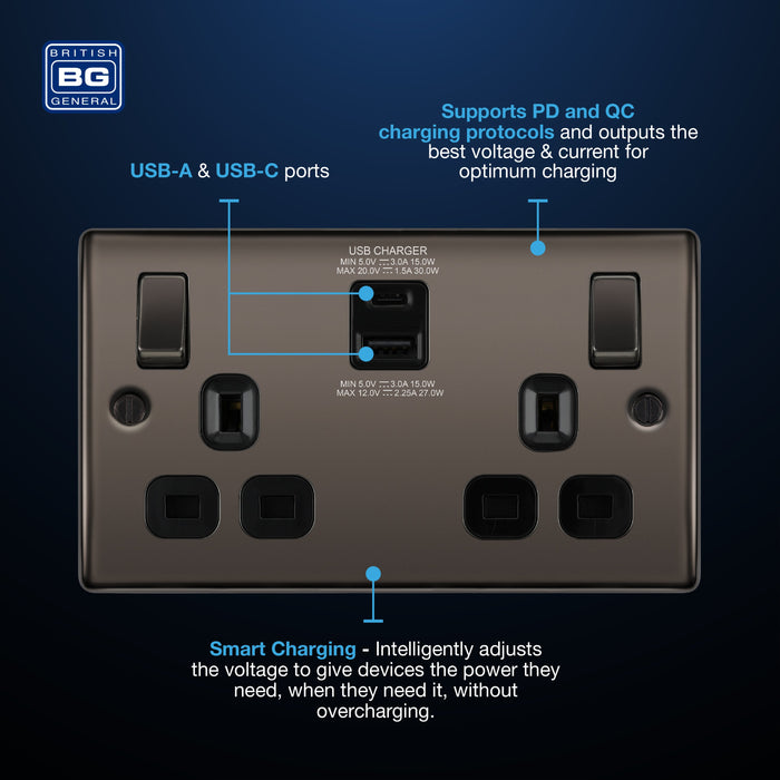 BG NBN22UAC30B Nexus Metal 13A Double Socket + USB A+C (30W) - Black Insert - Black Nickel - westbasedirect.com