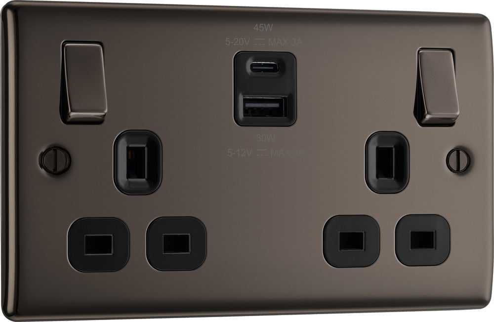 BG NBN22UAC45B Nexus Metal 13A Double Switched Power Socket + USB A+C (45W) - Black Nickel + Black Insert - westbasedirect.com