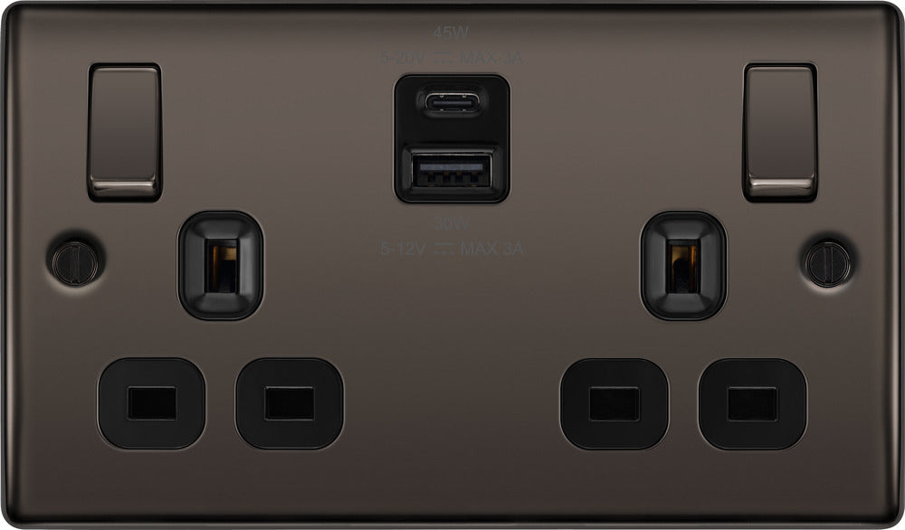 BG NBN22UAC45B Nexus Metal 13A Double Switched Power Socket + USB A+C (45W) - Black Nickel + Black Insert - westbasedirect.com